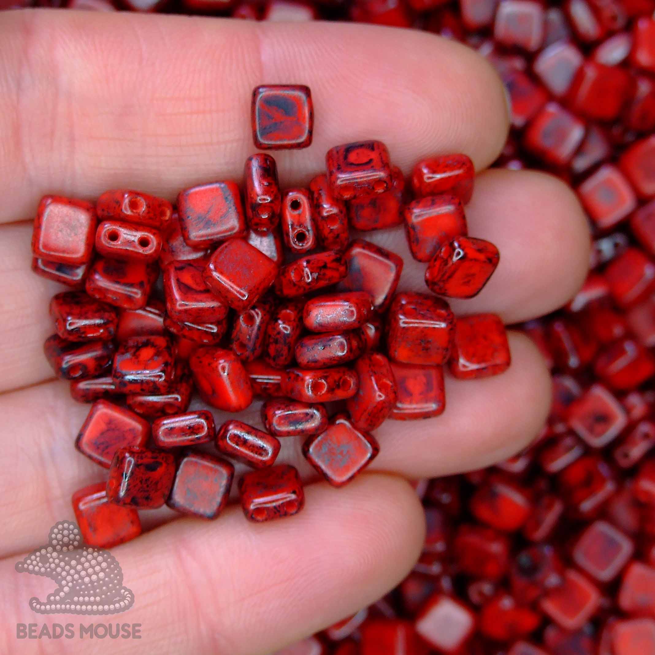 CzechMates Tile Beads TK93200 Opaque Red Picasso beadsmouse.co.uk