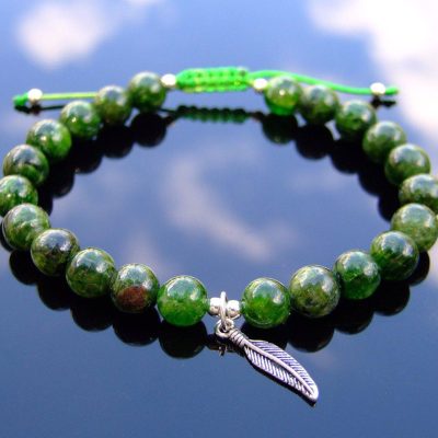 Diopside Sterling Silver Feather Natural Gemstone Bracelet 6-9'' Macrame Michael's UK Jewellery