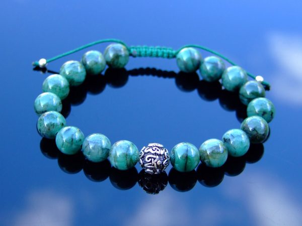 Emerald Bracelet Natural Gemstone Om Sterling Silver Bead 6-9'' Macrame With Box Michael's UK Jewellery