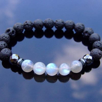 Fire Labradorite and Lava Natural Gemstone Bracelet 6-9'' Elasticated Michael's UK Jewellery