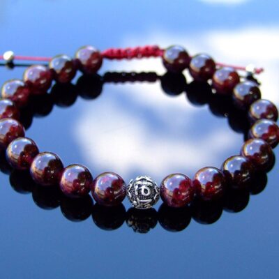 Garnet Om Sterling Silver Natural Gemstone Bracelet 6-9'' Macrame Michael's UK Jewellery