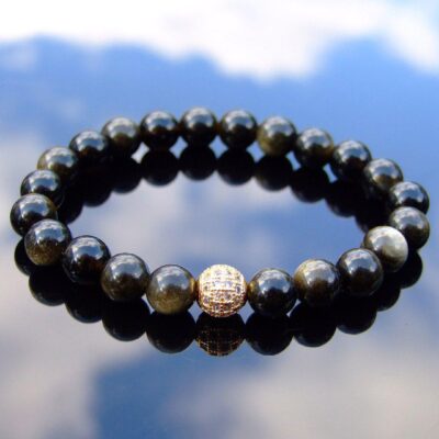 Gold Obsidian Gold Micro Pave Natural Gemstone Bracelet 6-9'' Elasticated Michael's UK Jewellery