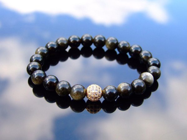 Gold Obsidian Gold Micro Pave Natural Gemstone Bracelet 6-9'' Elasticated Michael's UK Jewellery