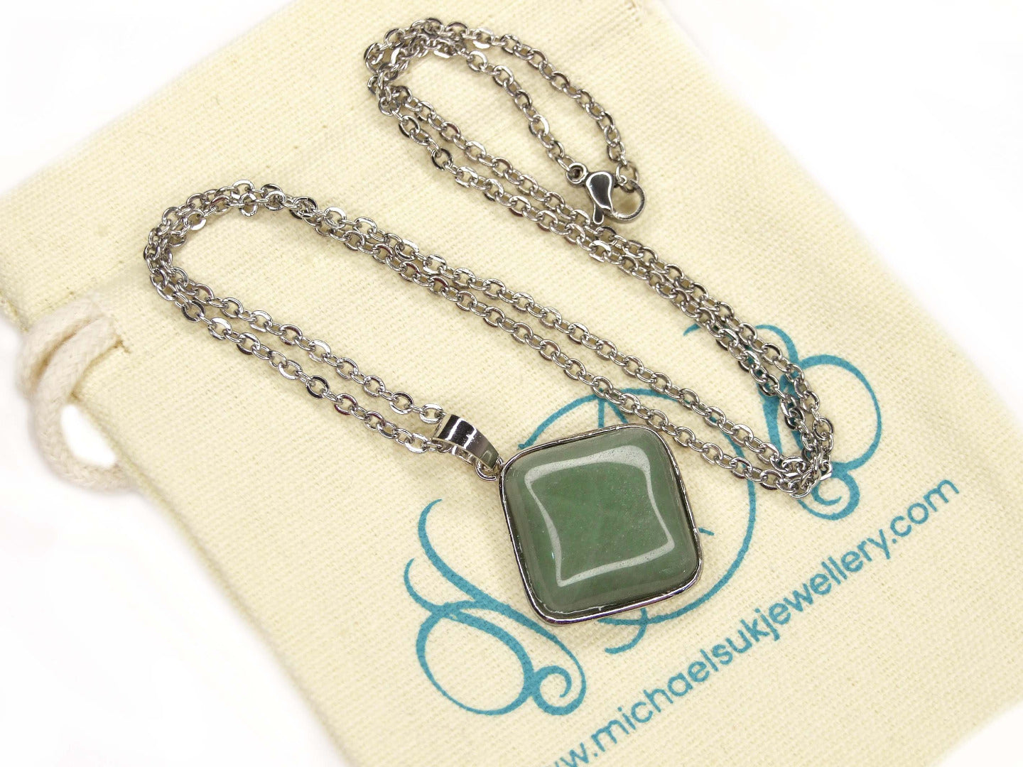 Green Aventurine Necklace Square Shape Pendant Natural Gemstone with Pouch Michael's UK Jewellery
