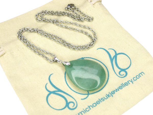 Green Aventurine Necklace Tear Pendant Natural Gemstone 50cm Chain with Pouch Michael's UK Jewellery