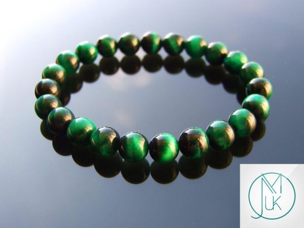Green Tigers Eye Dyed Natural Gemstone Bracelet 6-9'' Elasticated Michael's UK Jewellery