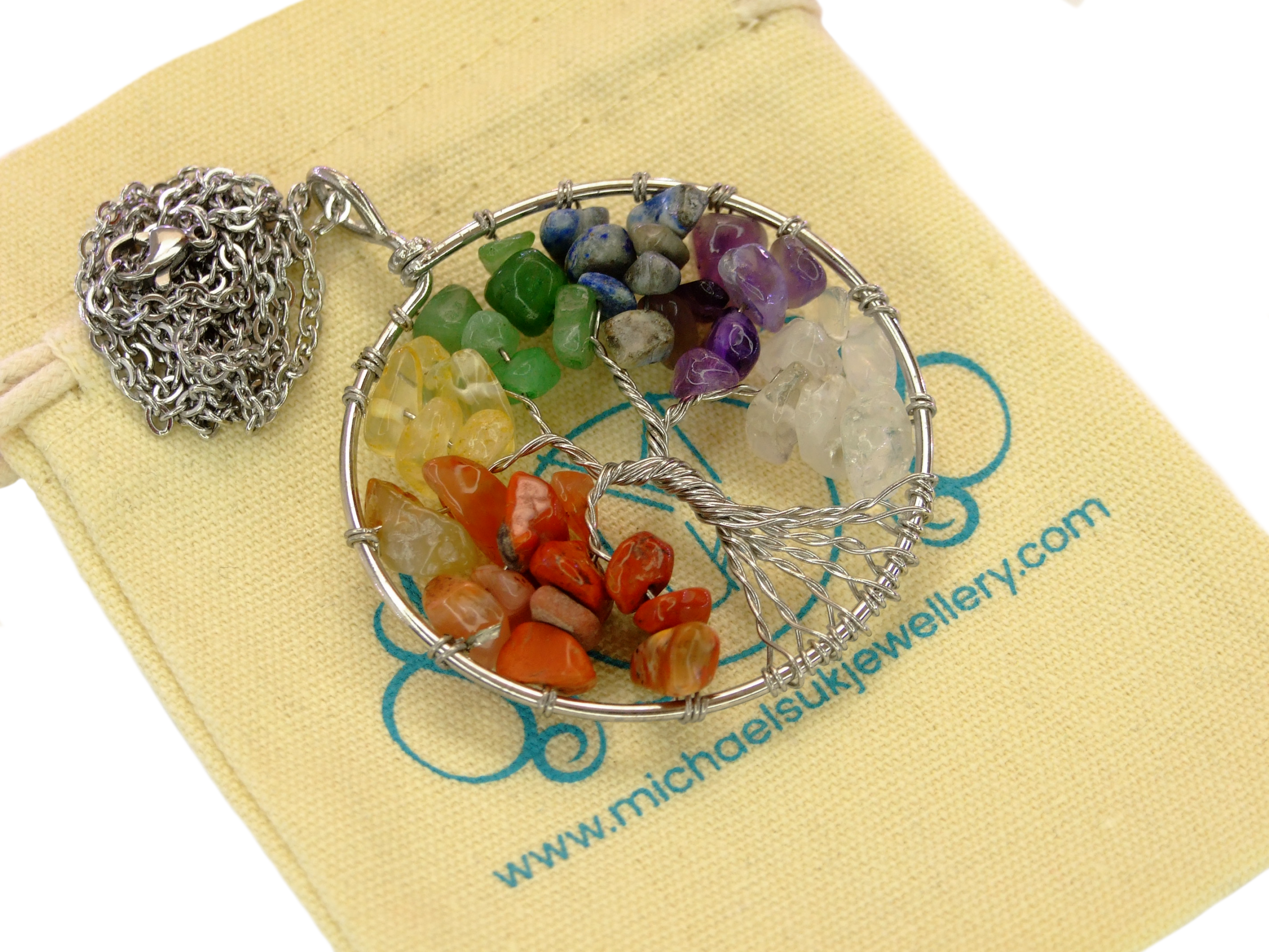 Handmade 7 Chakra Necklace Tree of Life Pendant Natural Gemstone Necklace 50cm Chain with Pouch Michael's UK Jewellery