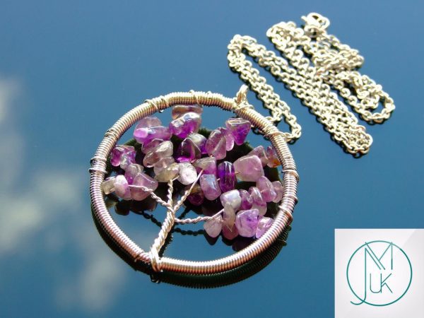 Handmade Amethyst Necklace Tree of Life Pendant Natural Gemstone Necklace 50cm Chain with Pouch Michael's UK Jewellery