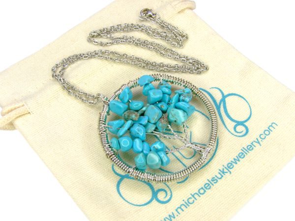 Handmade Blue Turquoise Howlite Necklace Tree Of Life Pendant Dyed Natural Gemstone Necklace 50cm Chain With Pouch Michael's UK Jewellery
