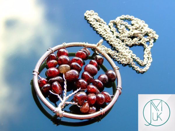Handmade Garnet Necklace Tree of Life Pendant Natural Gemstone Necklace 50cm Chain with Pouch Michael's UK Jewellery