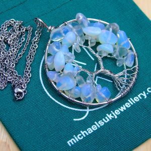 Handmade Opalite Necklace Tree of Life Pendant Manmade Gemstone Necklace 50cm Chain with Pouch Michael's UK Jewellery