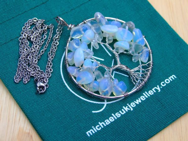 Handmade Opalite Necklace Tree of Life Pendant Manmade Gemstone Necklace 50cm Chain with Pouch Michael's UK Jewellery