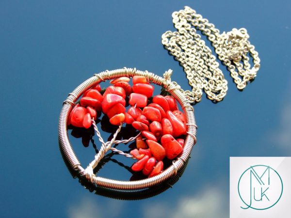 Handmade Red Coral Necklace Tree of Life Pendant Natural Gemstone Necklace 50cm Chain with Pouch Michael's UK Jewellery