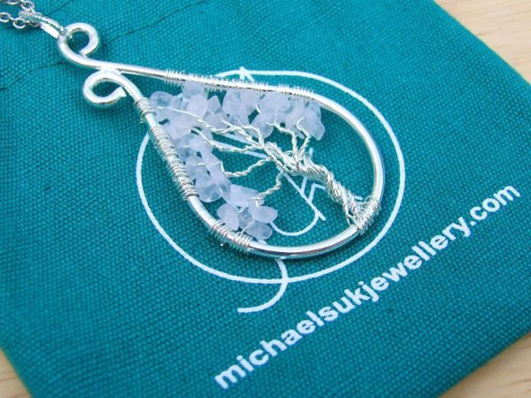 Handmade Rose Quartz Necklace Tree of Life Pendant Natural Gemstone Necklace 50cm Chain with Pouch Michael's UK Jewellery