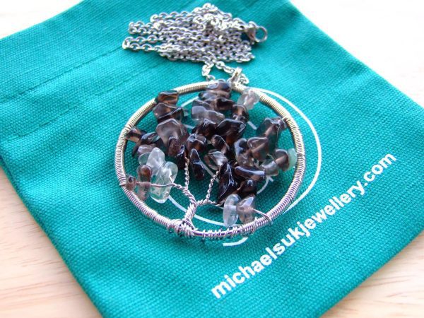 Handmade Smoky Quartz Necklace Tree of Life Pendant Natural Gemstone Necklace 50cm Chain with Pouch Michael's UK Jewellery