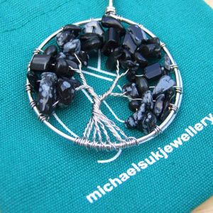 Handmade Snowflake Obsidian Necklace Tree of Life Pendant Natural Gemstone Necklace 50cm Chain with Pouch Michael's UK Jewellery