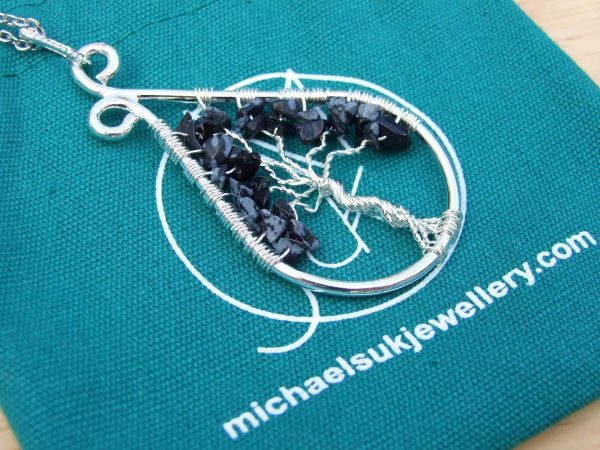 Handmade Snowflake Obsidian Necklace Tree of Life Pendant Natural Gemstone Necklace 50cm Chain with Pouch Michael's UK Jewellery