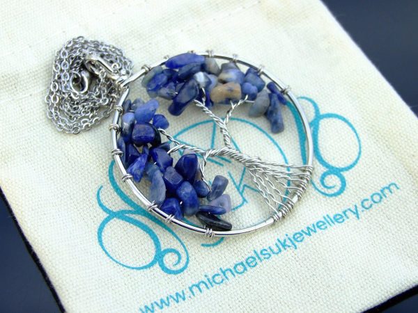 Handmade Sodalite Necklace Tree of Life Pendant Natural Gemstone Necklace 50cm Chain with Pouch Michael's UK Jewellery