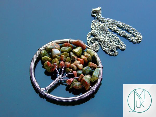 Handmade Unakite Necklace Tree of Life Pendant Natural Gemstone Necklace 50cm Chain with Pouch Michael's UK Jewellery