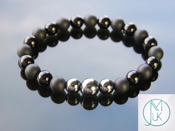 Hematite Onyx Natural Gemstone Bracelet 7-7.5'' Elasticated Michael's UK Jewellery