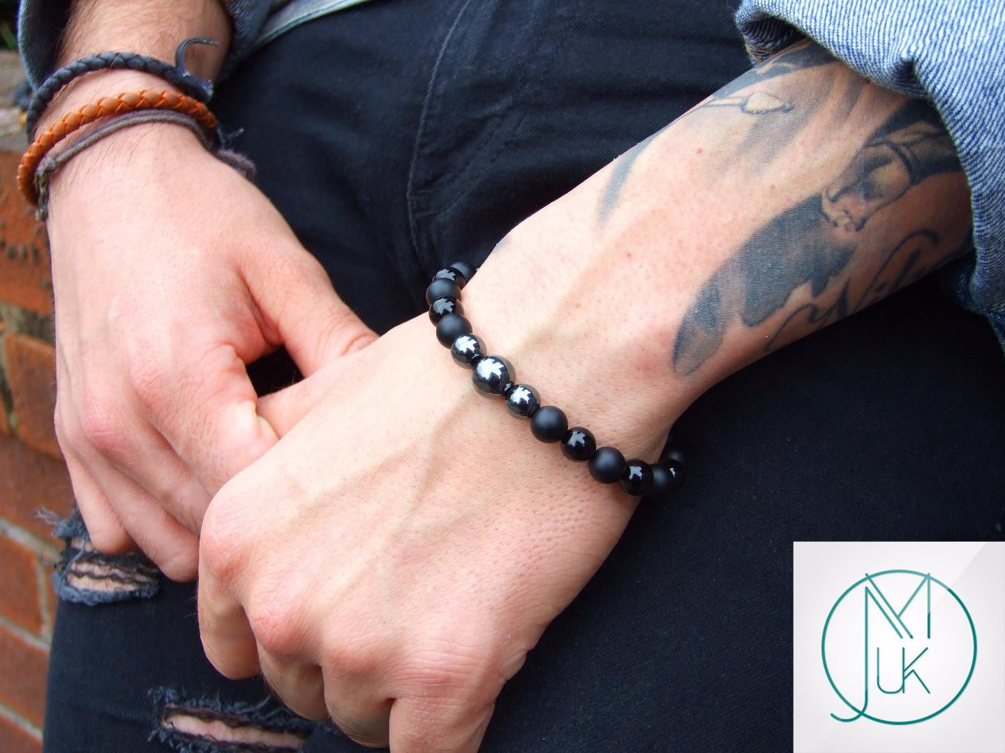 Hematite Onyx Natural Gemstone Bracelet 7-7.5'' Elasticated Michael's UK Jewellery
