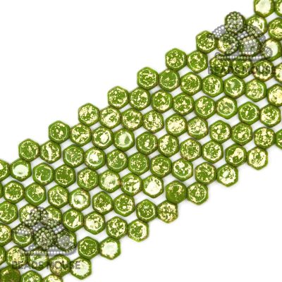 Honeycomb Hexagon Beads 6mm Gold Splash Opaque Green Wasabi beadsmouse.co.uk