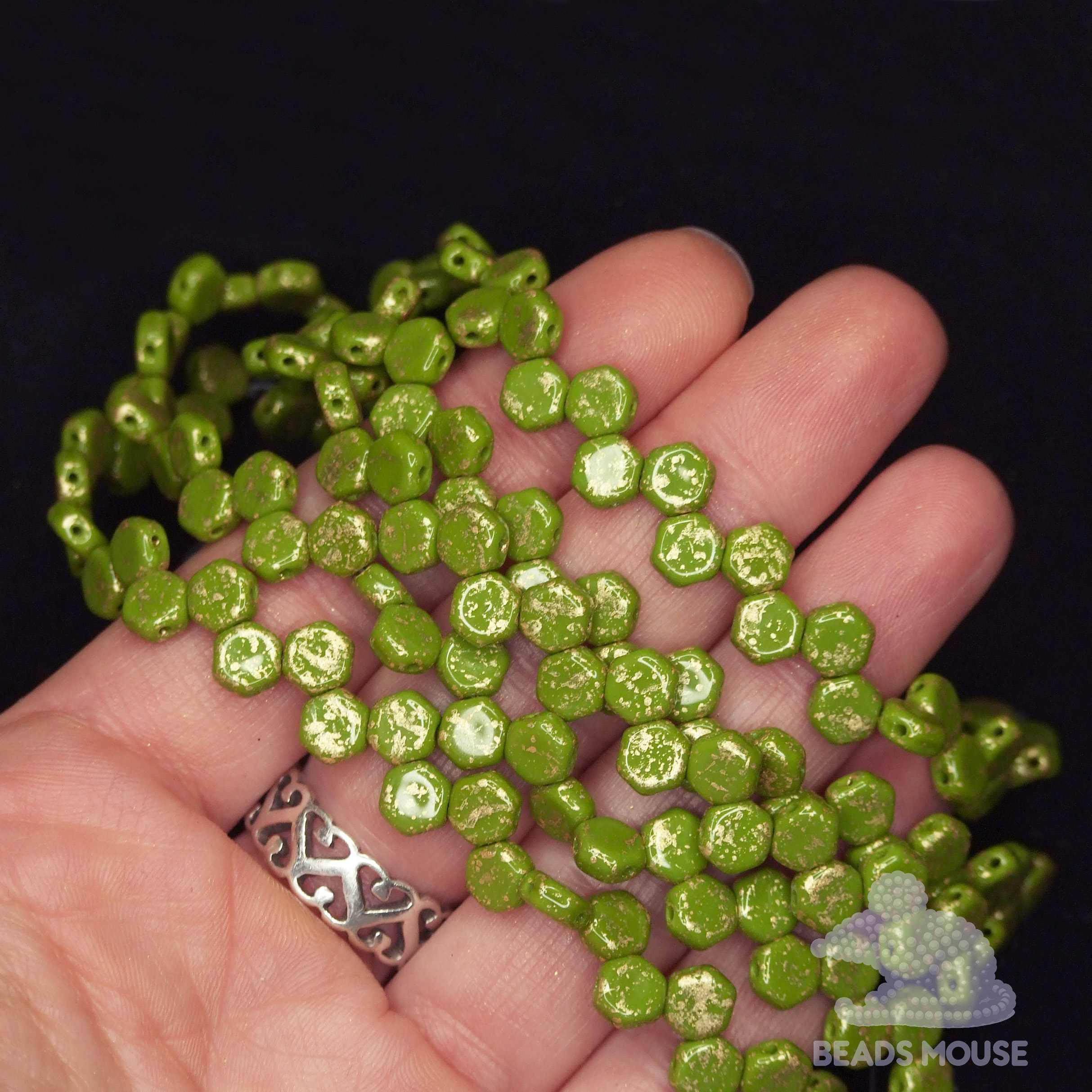 Honeycomb Hexagon Beads 6mm Gold Splash Opaque Green Wasabi beadsmouse.co.uk