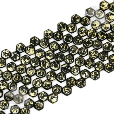Honeycomb Hexagon Beads 6mm Gold Splash Opaque Jet beadsmouse.co.uk