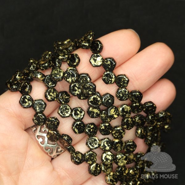 Honeycomb Hexagon Beads 6mm Gold Splash Opaque Jet beadsmouse.co.uk