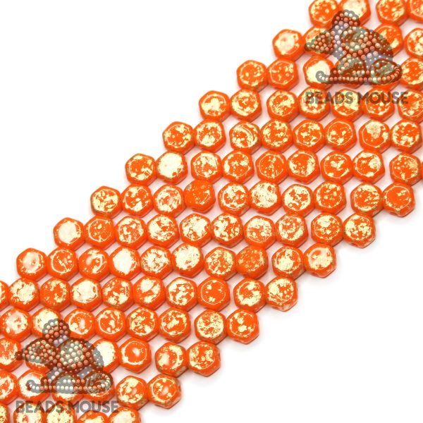 Honeycomb Hexagon Beads 6mm Gold Splash Opaque Orange beadsmouse.co.uk