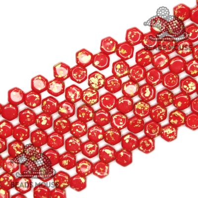 Honeycomb Hexagon Beads 6mm Gold Splash Opaque Red beadsmouse.co.uk