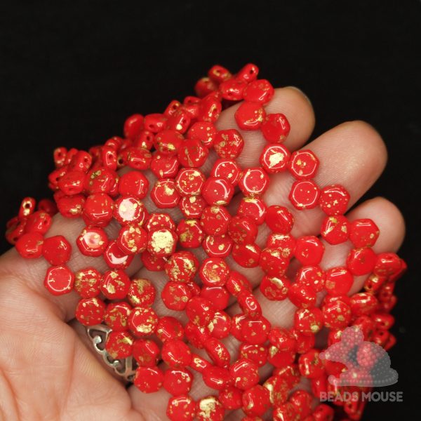 Honeycomb Hexagon Beads 6mm Gold Splash Opaque Red beadsmouse.co.uk