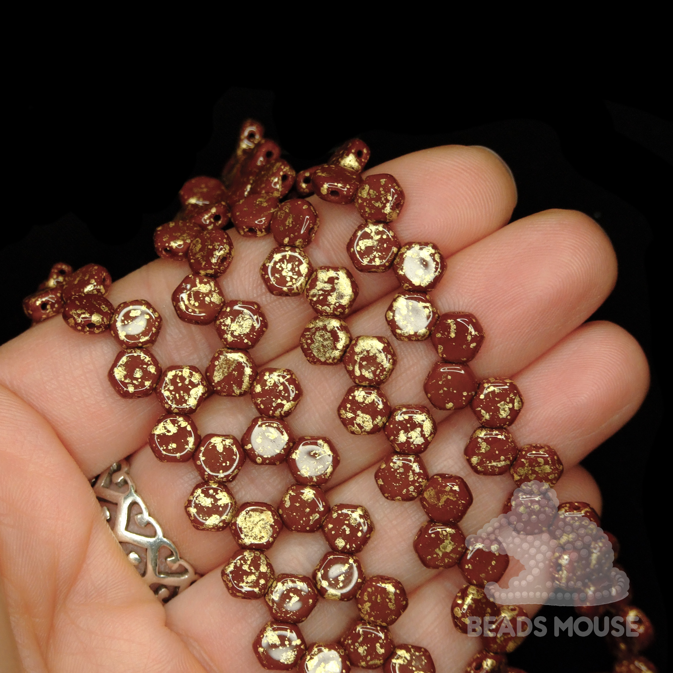 Honeycomb Hexagon Beads 6mm Gold Splash Opaque Umber Brown beadsmouse.co.uk