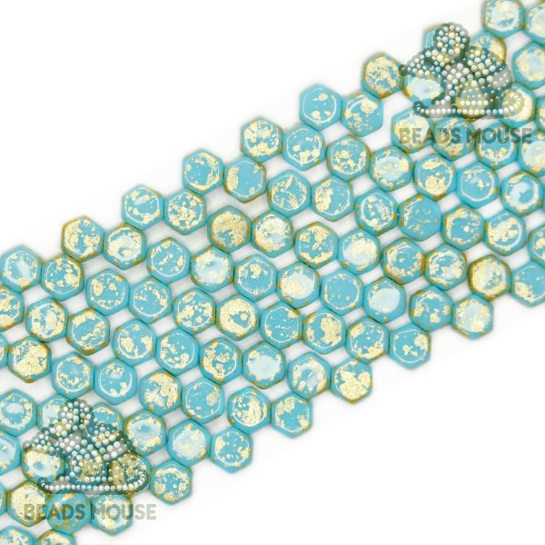 Honeycomb Hexagon Beads 6mm Gold Splash Turquoise Blue beadsmouse.co.uk