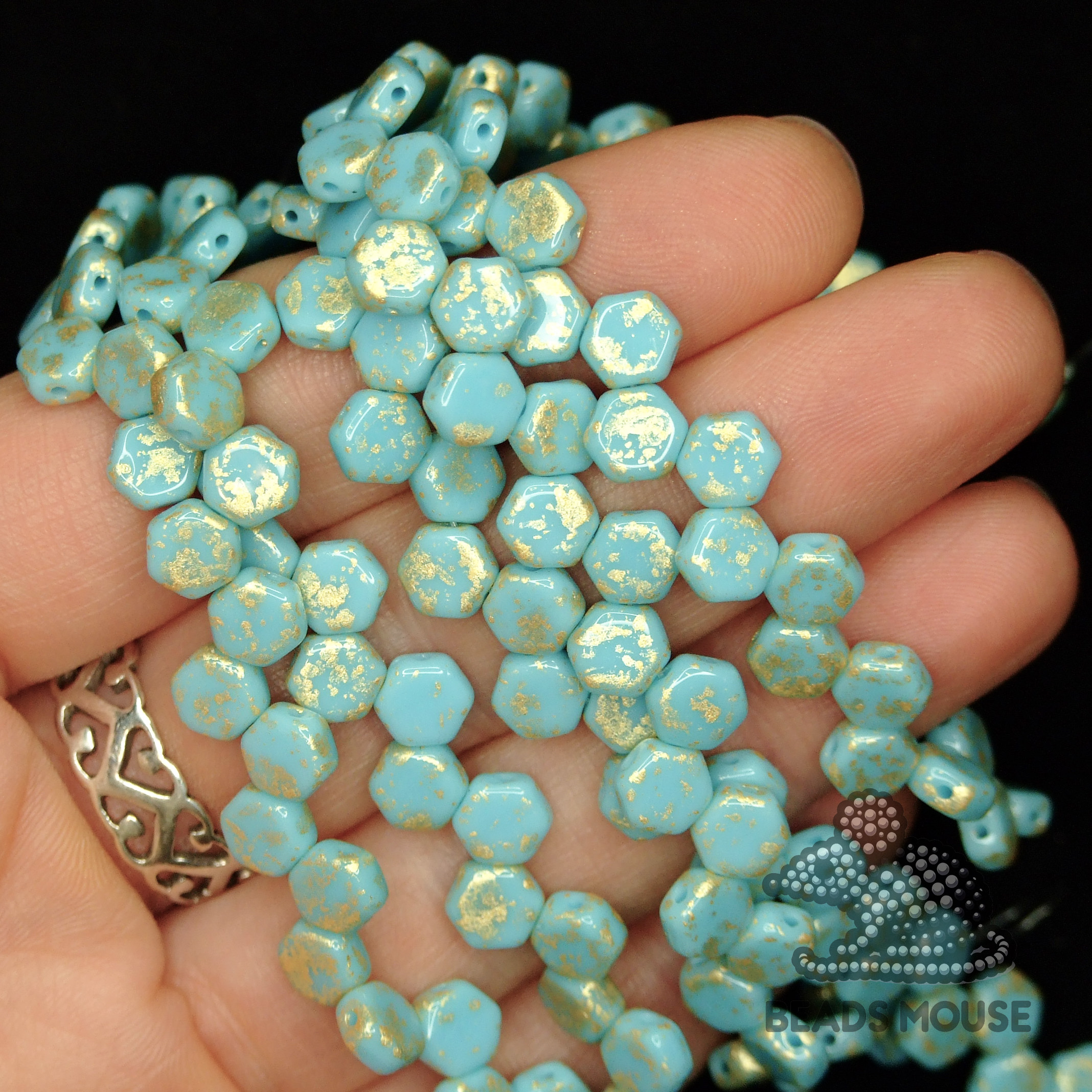 Honeycomb Hexagon Beads 6mm Gold Splash Turquoise Blue beadsmouse.co.uk