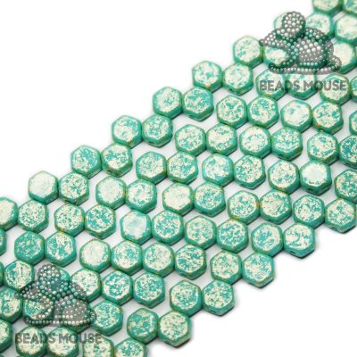 Honeycomb Hexagon Beads 6mm Gold Splash Turquoise Green beadsmouse.co.uk
