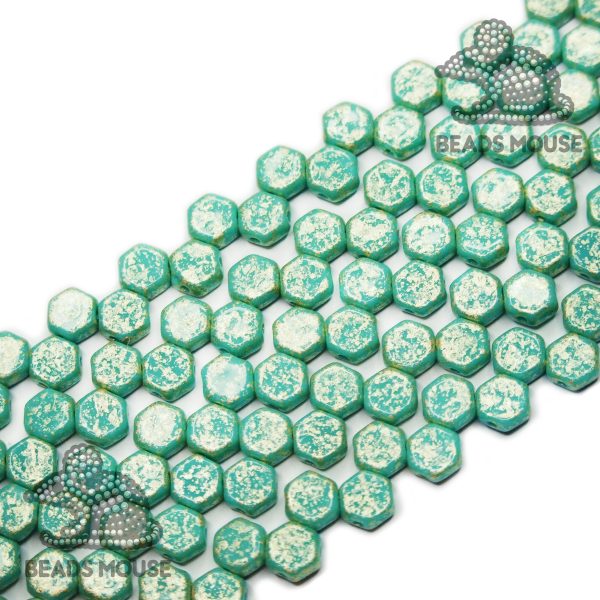 Honeycomb Hexagon Beads 6mm Gold Splash Turquoise Green beadsmouse.co.uk