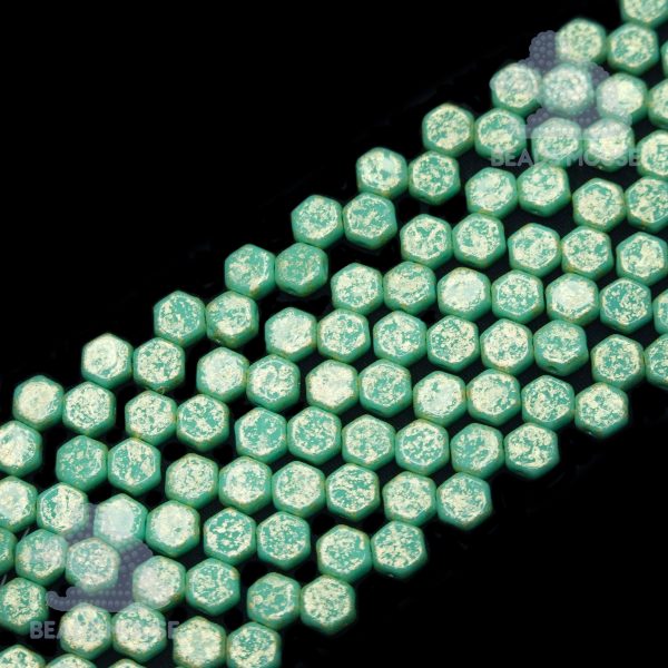 Honeycomb Hexagon Beads 6mm Gold Splash Turquoise Green beadsmouse.co.uk