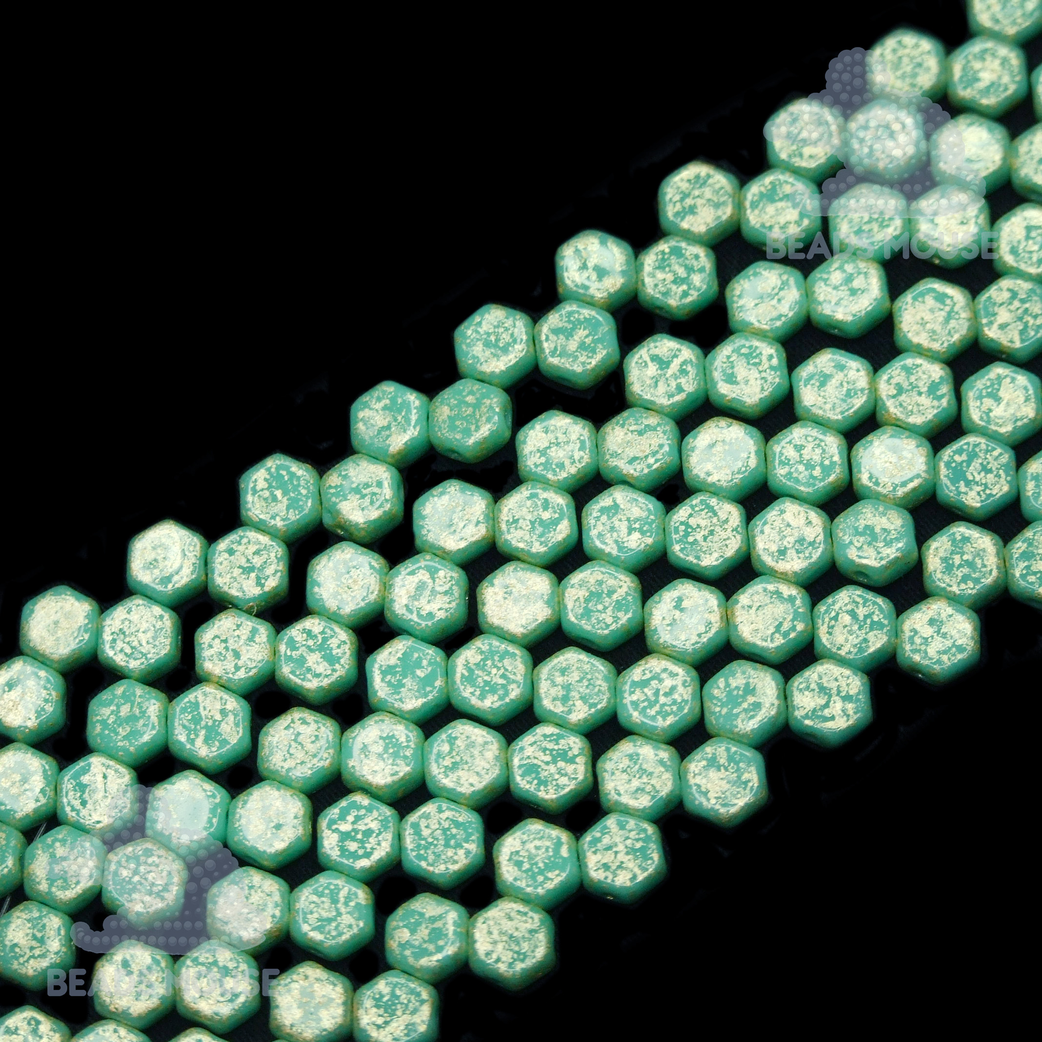 Honeycomb Hexagon Beads 6mm Gold Splash Turquoise Green beadsmouse.co.uk