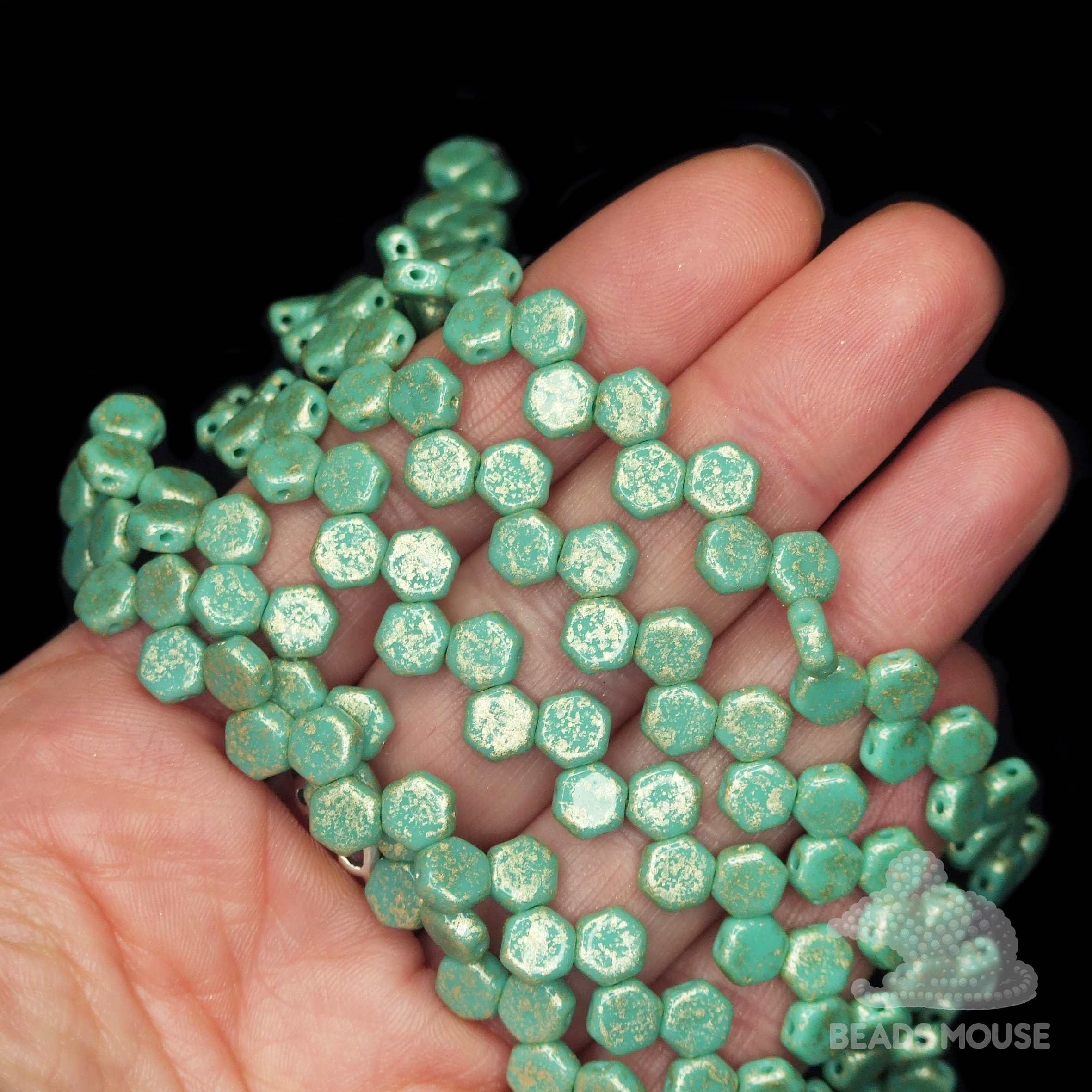 Honeycomb Hexagon Beads 6mm Gold Splash Turquoise Green beadsmouse.co.uk