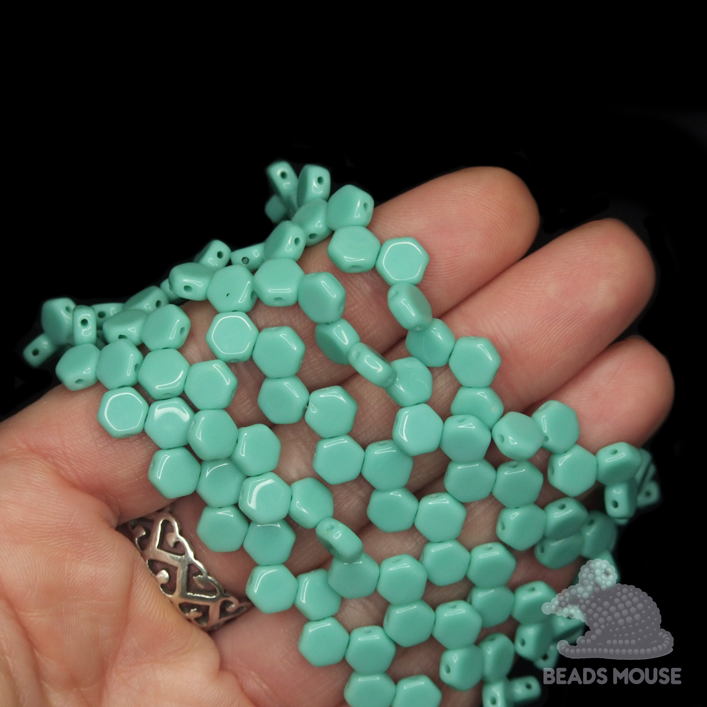Honeycomb Hexagon Beads 6mm Opaque Green Turquoise beadsmouse.co.uk