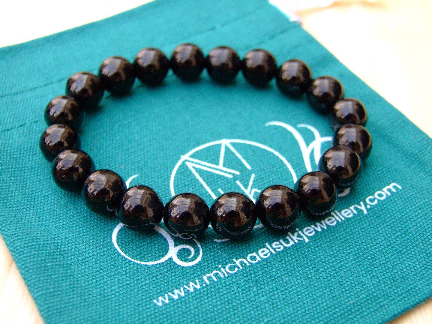 Jet 10mm Natural Gemstone Bracelet 6-9'' Elasticated Michael's UK Jewellery