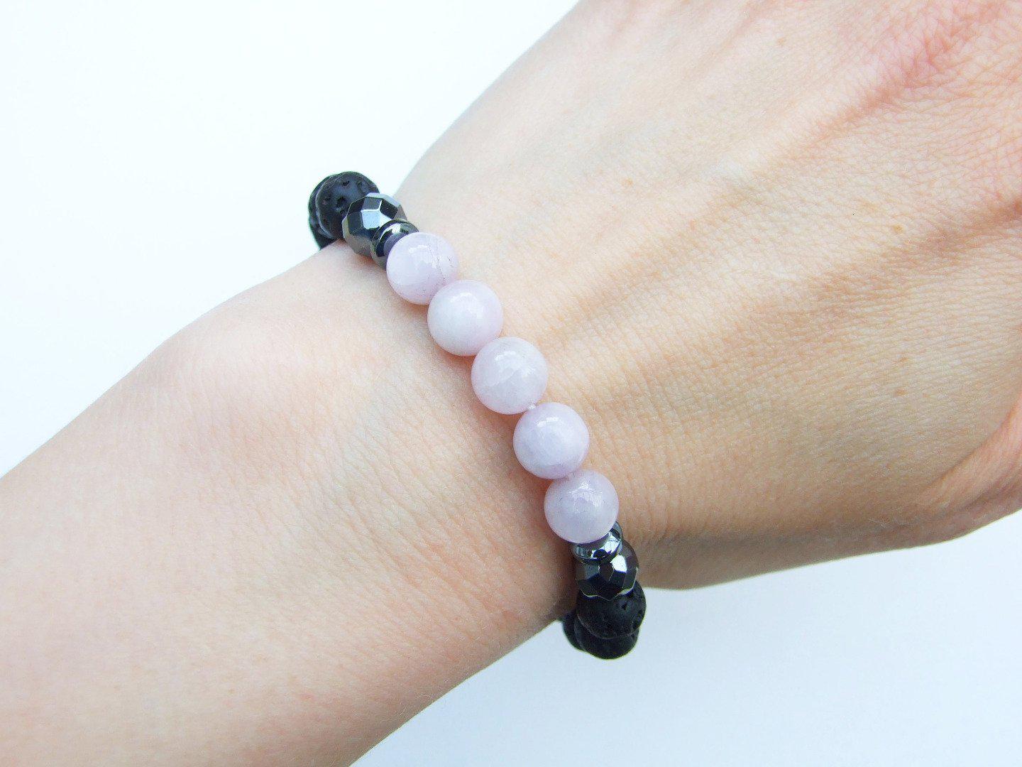Kunzite and Lava Natural Gemstone Bracelet 6-9'' Elasticated Michael's UK Jewellery