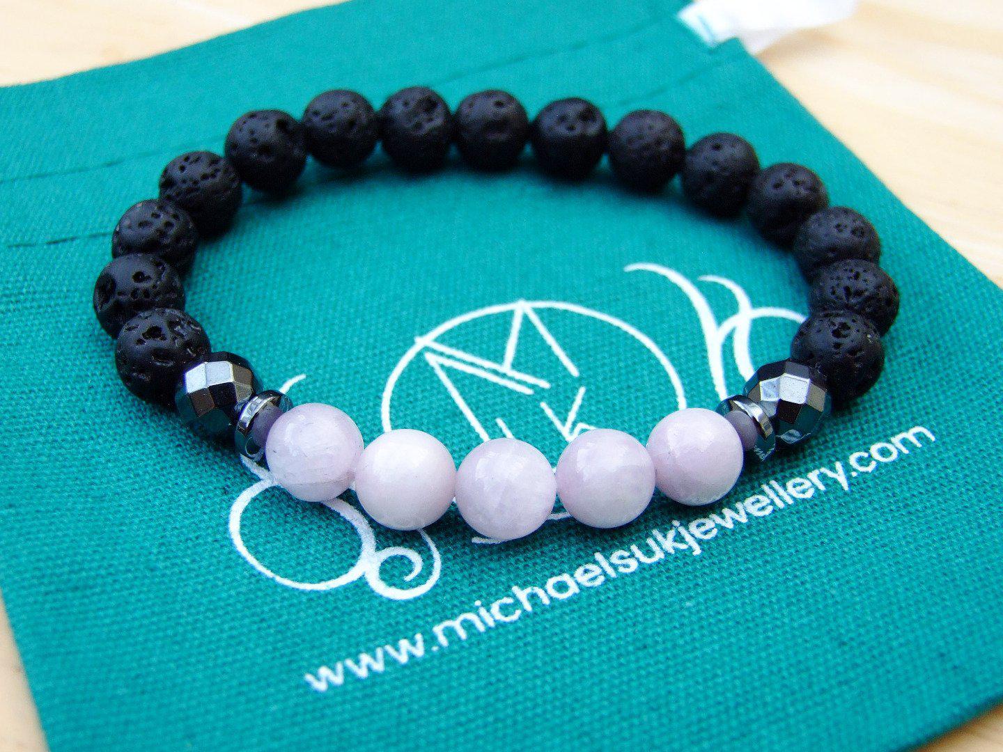 Kunzite and Lava Natural Gemstone Bracelet 6-9'' Elasticated Michael's UK Jewellery