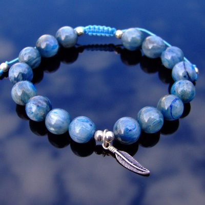 Kyanite Sterling Silver Feather 10mm Natural Gemstone Bracelet 6-9'' Macrame Michael's UK Jewellery