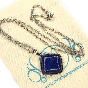 Lapis Lazuli Necklace Square Shape Pendant Natural Gemstone with Pouch Michael's UK Jewellery