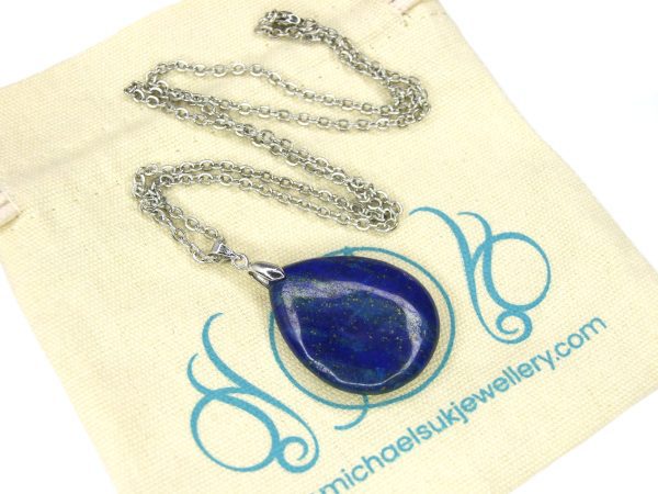 Lapis Lazuli Necklace Tear Pendant Natural Gemstone 50cm Chain with Pouch Michael's UK Jewellery