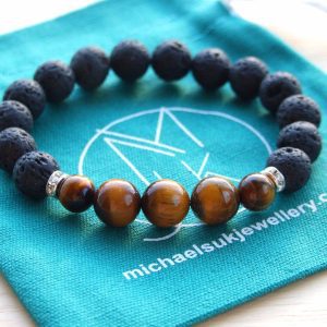 Lava/Tigers Eye Natural Gemstone Bracelet 6-9'' Elasticated Michael's UK Jewellery