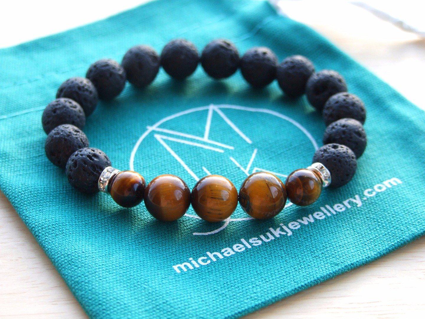 Lava/Tigers Eye Natural Gemstone Bracelet 6-9'' Elasticated Michael's UK Jewellery