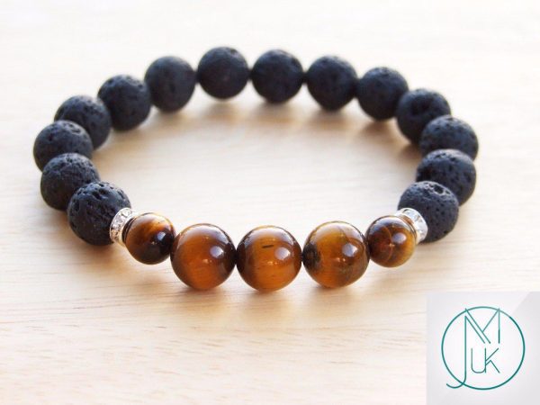 Lava/Tigers Eye Natural Gemstone Bracelet 6-9'' Elasticated Michael's UK Jewellery